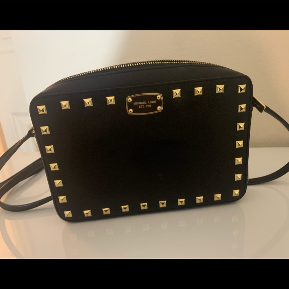 Michael Kors, Gold studded black Cross body bag.